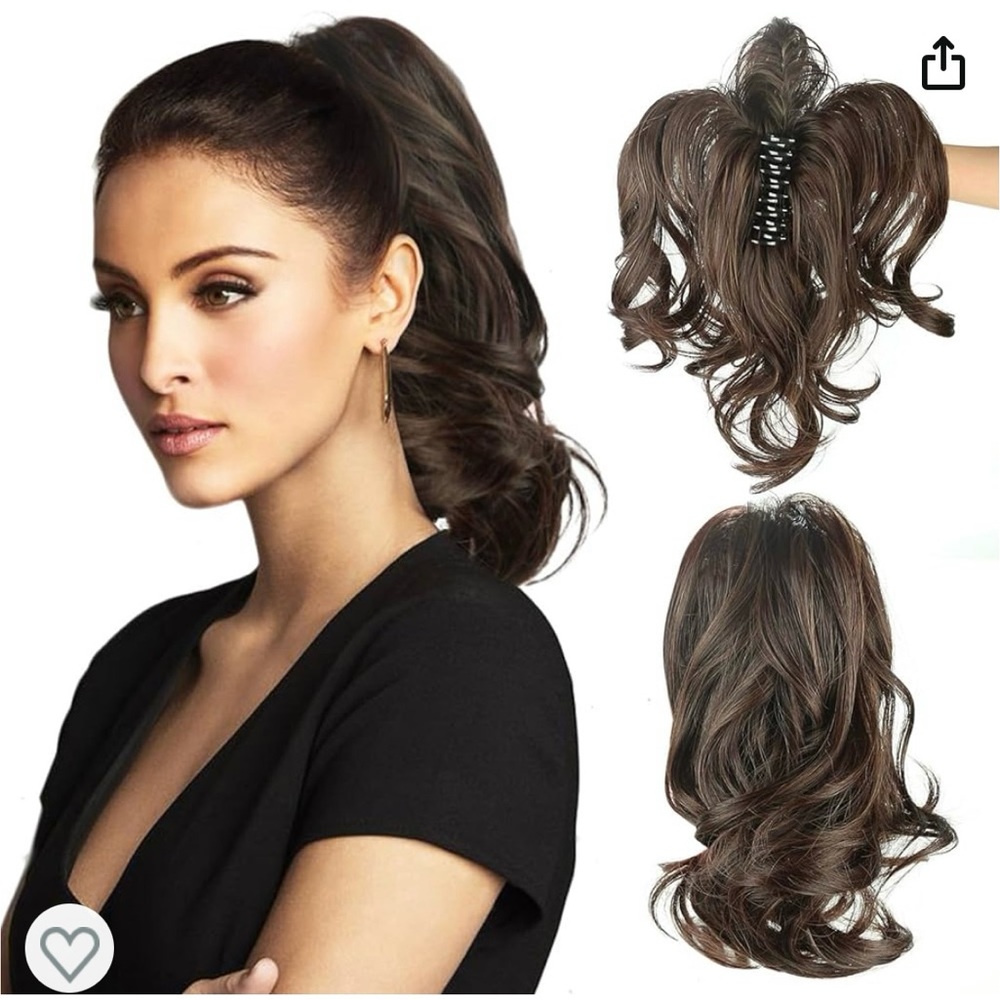 Hair Extension Clip on Ponytail Dark brown with highlights.
